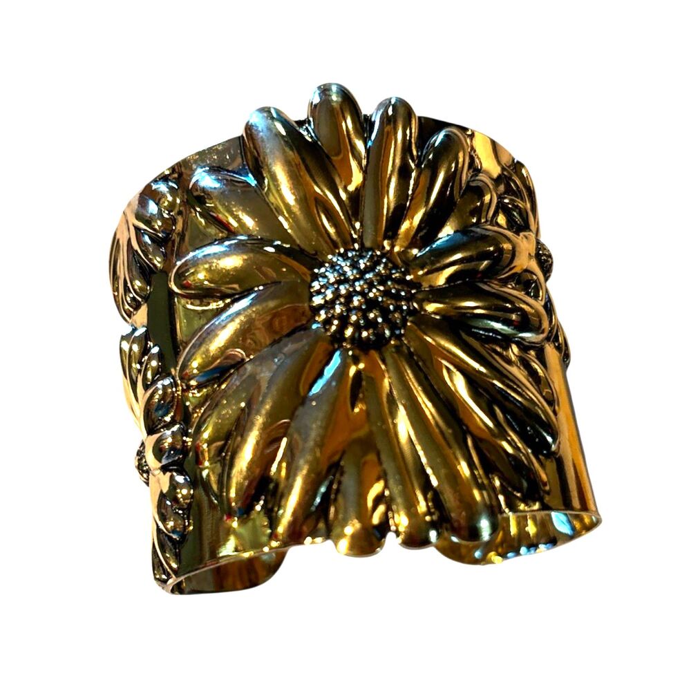 Gold Floral Daisy Cuff Bracelet Raised Design Adjustable - Picture 4 of 8